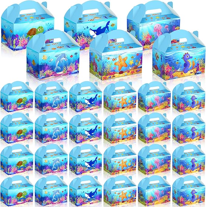 Dunzoom 24 Pcs Under The Sea Party Favor Treat Boxes Ocean Shark Turtle Dolphin Goodie Candy Gift Boxes for Birthday Ocean Animals Party Favors Supplies