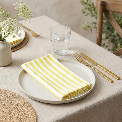 PurpleEssences Plain Striped Cloth Napkins - Set of 12-100% Cotton - 18 x 18 Inch - Spring Easter Summer and Perfect Everyday Use Dinner Napkin - Yellow and White