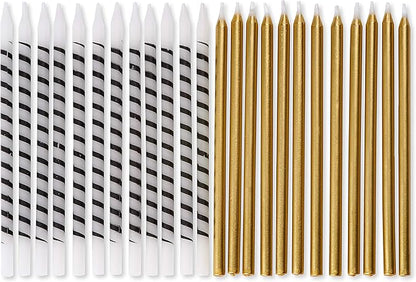 Papyrus Birthday Candles, White and Black Stripe and Gold (24-Count)