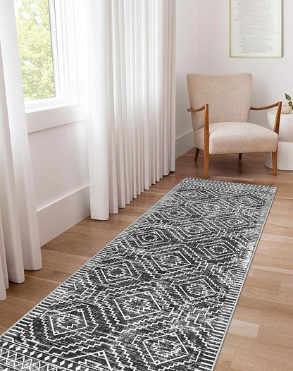 Wonnitar Moroccan Hallway Runner Rug 10 ft, Machine Washable 2'6"x10' Long Runner Rugs for Kitchen, Boho Non-Skid Soft Low Pile Carpet Runner for Entryway Hall Entrance (Dark Grey,2'6"x10')
