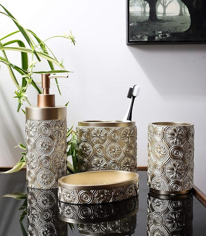 Hymmah Bathroom Accessories Set,Golden Design Toothbrush Holder,Farmhouse Bathroom Decor,4 Pcs Resin Gift Set Apartment Necessities, Contain Toothbrush Cup,Soap Dispenser,Soap Dish,Tumbler