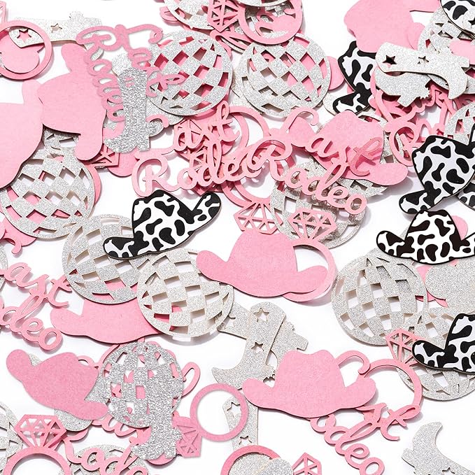 BeYumi Cowgirl Bachelorette Table Decor - 300Pcs Western Cowgirl Table Confetti Decoration Pink Glitter Last Rodeo Disco Ball Ring Boot Cowboy Hat Paper Confetti Decor for Birthday Engagement Party