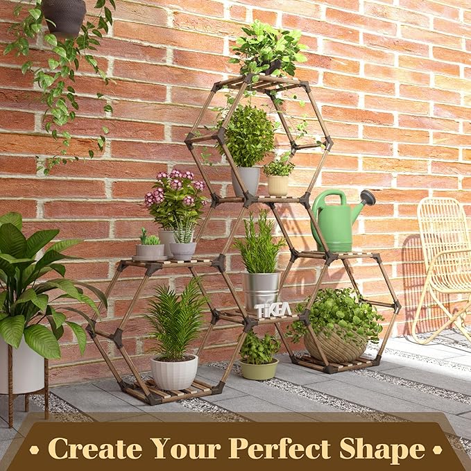 Tikea Plant Stand Indoor Outdoor Hexagonal Plant Stand for Multiple Plants Indoor Large Wooden Plant Shelf 7 Tiered Creative DIY Flowers Stand Rack for Living Room Balcony Patio Window