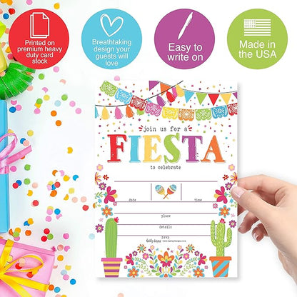 Hadley Designs Kids Birthday Invitations For Boys and Girls Mexican Theme - 25 Fiesta Birthday Party Invitations For Boys, Quinceanera Invites For Girls, Cute Cinco de Mayo Party Supplies, Made In USA