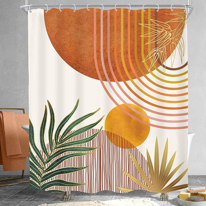 KOMLLEX Mid Century Orange Boho Shower Curtain 60Wx72L Inches Abstract Modern Shower Curtains for Bathroom Decor Plant Botanical Minimalist Arch Sun Fabric Liner Waterproof Polyester 12 Pack Hooks