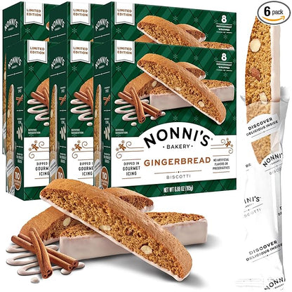 Nonni's Gingerbread Biscotti Holiday Cookies - 6 Boxes Gingerbread Cookies - Gingerbread Christmas Cookies w/Almonds & White Icing - Biscotti Individually Wrapped Cookies - Italian Cookies - 6.88 oz