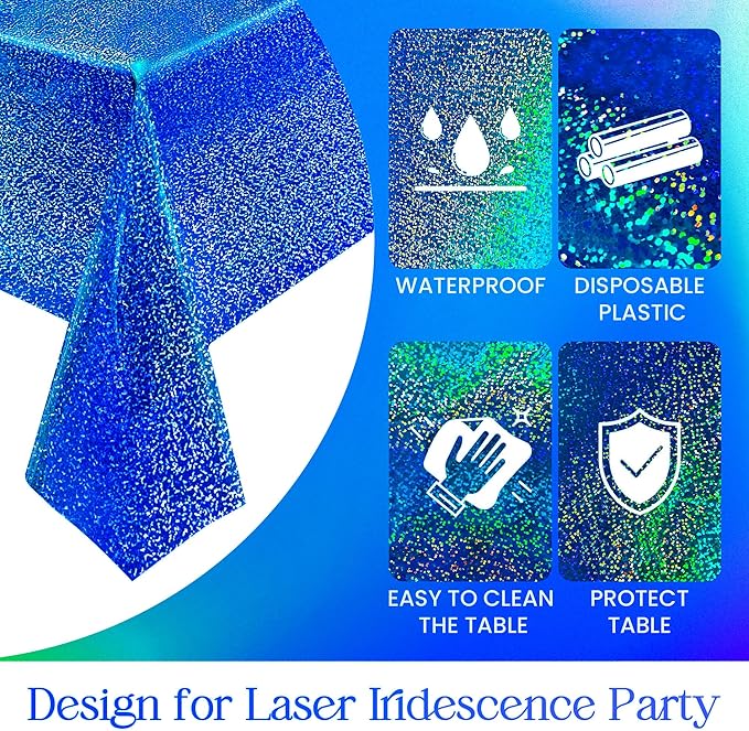 Royal Blue & Silver Holographic Party Tablecloth 40" x 108" Iridescence Plastic Table Cloth Blue White Table Covers for Graduation 4th of July Princess Birthday Winter Christmas Party Decoration