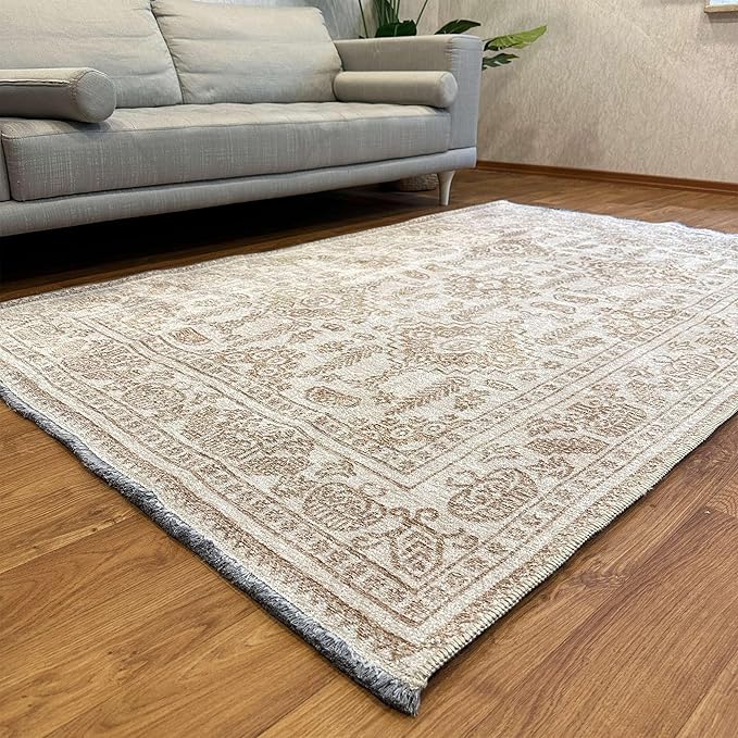 Alfa Rich 4x6 Beige Off White Washable Area Rugs for Living Room Bedroom Kitchen Dining Cotton Rug