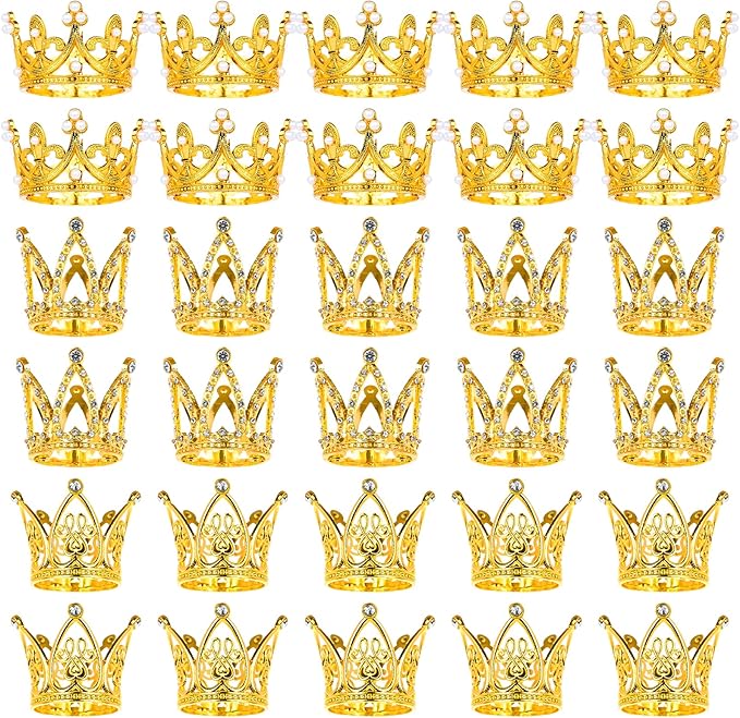 30 Pcs Crowns for Flower Bouquets, Gold Crown Cake Topper, Mini Crown for Flower Bouquet, Pearl Tiara Princess Gold Crown for Wedding Baby Shower Birthday Girl Lady Bridal Party Cake Decor 3 Style