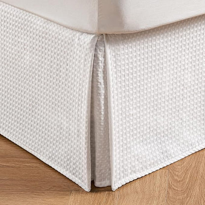 MIYE Pleated Waffle Weave Bed Skirt, Tailored Dust Ruffle 14 Inch Drop Easy Fit, Machine Washable (White, Full - 14" Drop)