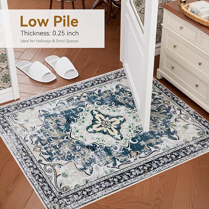 RUSHUFFY 6x9 Washable Area Rugs for Living Room, Non-Slip Boho Vintage Traditional Medallion Print Pattern Carpet for Bedroom Dining Room Farmhouse Nursery Room, Slate Blue & Beige