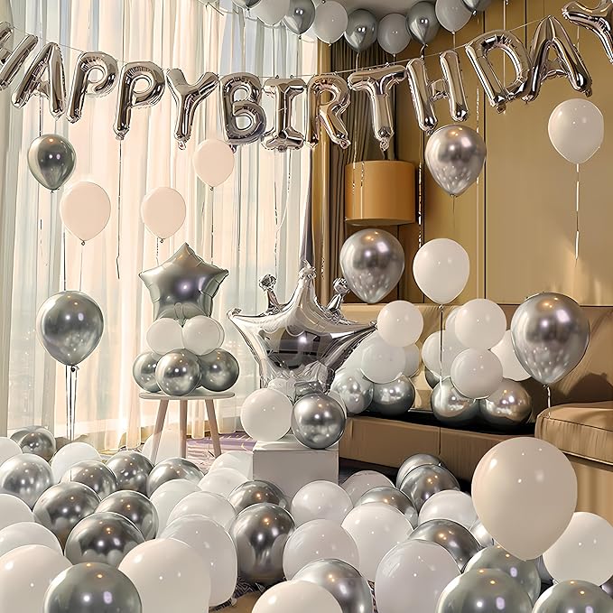 Mxdfafa 55PCS Silver & Blue Happy Birthday Balloon Arch Kit, Latex Balloons with "Happy Birthday" Foil Banner, Moon & Star Foil Balloons, DIY Garland Kit for Birthday, Wedding, Anniversary Decor
