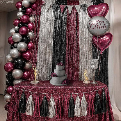 KatchOn, Burgundy Black and Silver Foil Fringe Curtains – Pack of 6 | Tinsel Backdrop for Bridal Shower, Bachelorette Party Decorations | Streamer Backdrop for Christmas, Halloween Decorations Indoor
