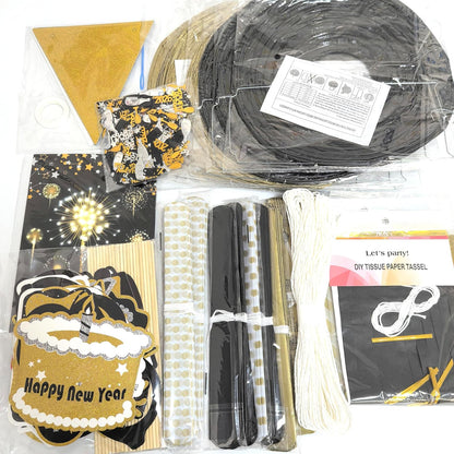 2026 New Years Eve Party Decorations Set, 62 Pieces, Black and Gold Banner, Triangle Flags, Paper Lanterns, Tassels, Photo Props