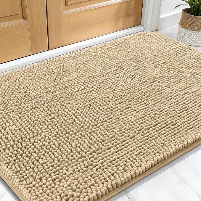 OLANLY Dog Door Mat for Muddy Paws 32x20, Absorbs Moisture and Dirt, Absorbent Non-Slip Washable Doormat, Quick Dry Chenille Mud Mat for Dogs, Entry Indoor Entryway Carpet for Inside Floor, Beige