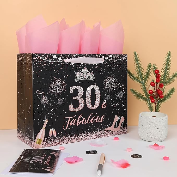 wishinside 13'' Large 30th Birthday Gift Bag Set with Handles, Greeting Card, Pink Tissue Papers and Stickers for 30 Year Old, Her, Women, Sister, Daughter, Best Friend, Tiara Design, 1 Pcs