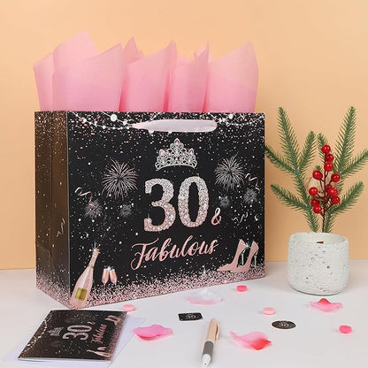wishinside 13'' Large 30th Birthday Gift Bag Set with Handles, Greeting Card, Pink Tissue Papers and Stickers for 30 Year Old, Her, Women, Sister, Daughter, Best Friend, Tiara Design, 1 Pcs