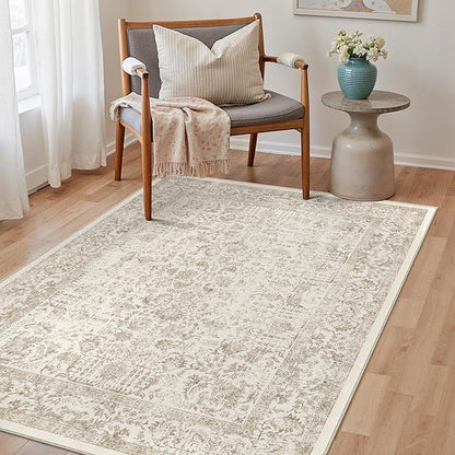 PureCozy Light Brown Area Rug 3x5 Entryway Washable Kitchen Vintage Distressed Non Slip Carpet Indoor Retro Floral Accent Throw Door Mat for Bathroom Bedroom Dining Living Room