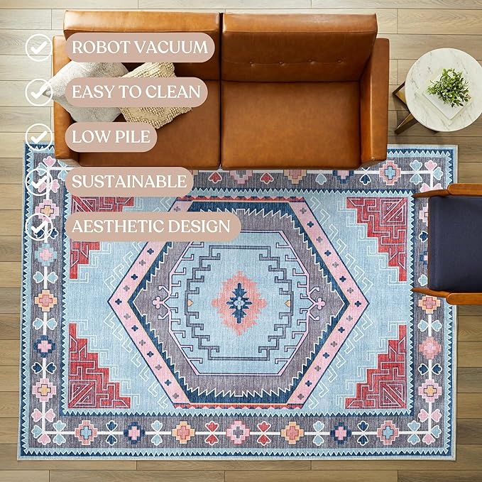 Fame Living Washable Area Rug. Modern Farmhouse. Vintage. Turkish. Bohemian. Distressed. Oriental. Traditional. Rugs for Living Room. Dining. Bedroom. Office. Entryway. Foyer. (856BlM, 2'5" x 6'5")