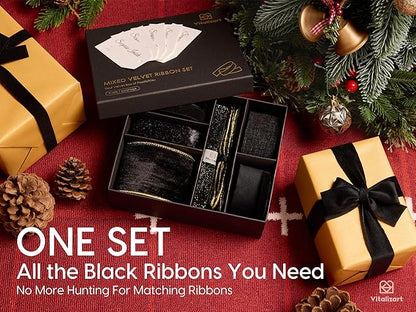 Vitalizart Black Velvet Ribbon 9 Rolls with Gift Tags Luxury Textured Ribbon for Christmas Gift Wrapping Tree Ornaments Bows Wreaths Holiday Decorations
