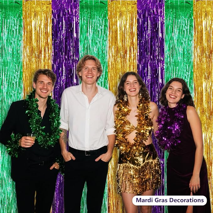BEISHIDA 3Pcs Green Gold Purple Door Streamers Backdrop Foil Fringe Tinsel Curtains Backdrops for Birthday Baby Shower Carnival Mardi Gras Party Decoration (3.28 ft x 6.56 ft)