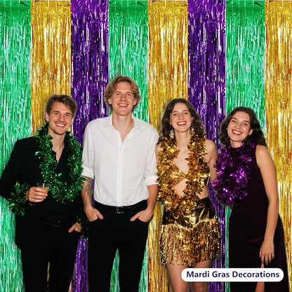 BEISHIDA 3Pcs Green Gold Purple Door Streamers Backdrop Foil Fringe Tinsel Curtains Backdrops for Birthday Baby Shower Carnival Mardi Gras Party Decoration (3.28 ft x 6.56 ft)