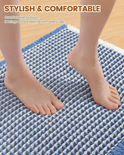 Smiry Waffle Bath Mat 30x18, Extra Soft Absorbent Bathroom Rugs, Non Slip Machine Washable Quick Dry Bath Rugs for Bathroom Floor, Tub, Shower, Home Decor Accessories, Blue & Cream