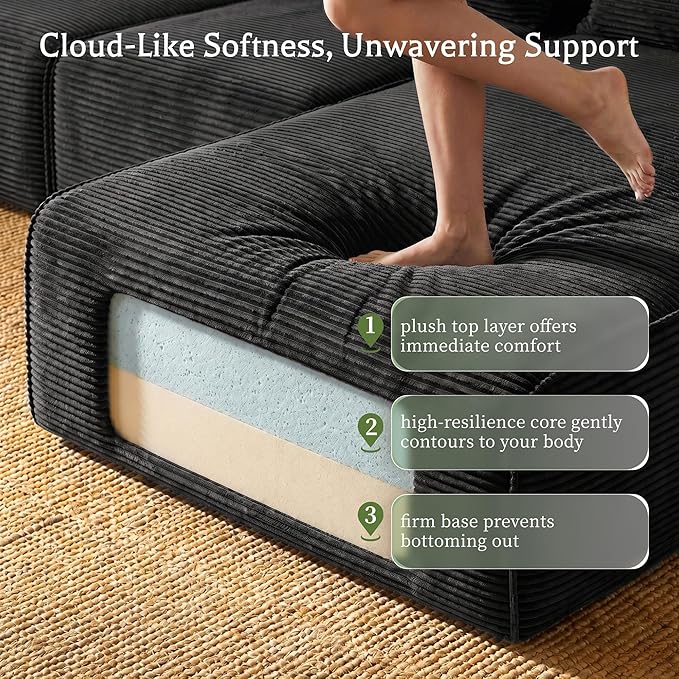 Homkdom Boneless Modular Sectional Couch, Cloud Couch L-Shaped Sofa with 61.5" Deep Seat & Right Facing Chaise – Deep Grey, 6 Configurations for Small Space Apartment, No Assembly