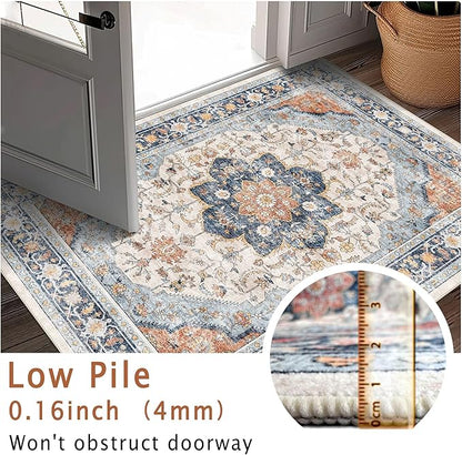 vivorug 5x7 Area Rugs - Boho Ultra-Thin Washable Rug with Non-Slip Backing, Ideal for Living Room, Bedroom, Kitchen Floor Carpet - Vintage Floral, Easy Clean, Durable, Low Pile Orange/Navy