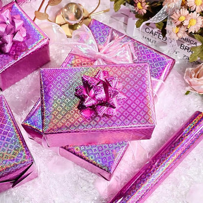 Burymento Pink Wrapping Paper Roll, Metallic Holographic Diamond Gift Wrap for Birthday, Valentines, Mothers day, Graduation, Wedding, Fathers day, Baby Shower, Christmas (17 IN x 32.8 FT)