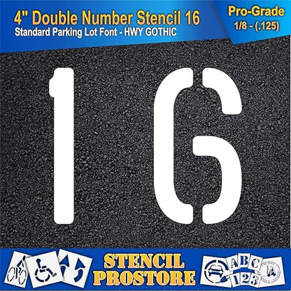 Pavement, Curb, and WheelStop Stencils - 4 inch Double Number Stencil - (16) - 4" x 4" x 1/8" (128 mil) - Pro-Grade