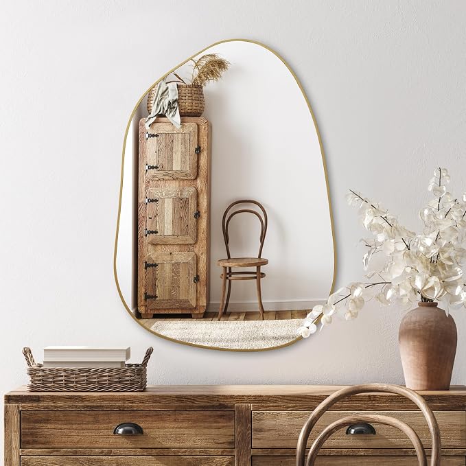 PERFNIQUE Irregular Wall Mirror Asymmetrical Mirror, 27''x19'' Gold Mirror for Bathroom Bedroom Living Room Entryway, Decorative Modern Wall Decor, Wall Mounted Mirror (Gold, 27''x19'')