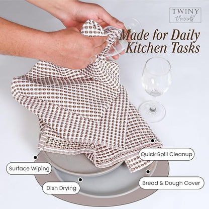 TWINY threads 4 Pack Honeycomb Circle Waffle Dish Towels 16x26 Inches, 100% Cotton, Durable, Thick, Waffle Weave Tea Towels, Great for Handling Hot Pots, Heavy Cleaning, Brown