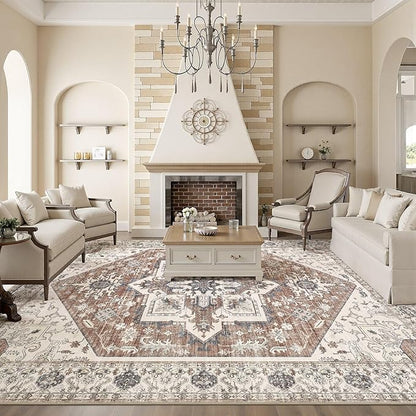 Area Rug 7x9 for Living Room - Washable Oriental Vintage Floral Distressed Large Indoor Carpets with Non Slip Back for Bedroom Dining Room Nursery Office Home Decor -Terracotta/Brown