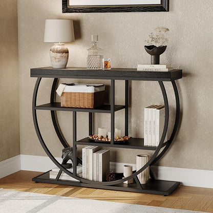 Garvee Entryway Table with Storage, Industrial 4-Tier Narrow Console Table Behind Couch with Half-Circle Base & Storage Shelves for Living Room, Hallway, Foyer