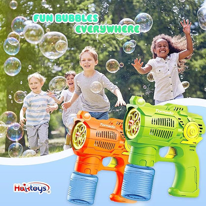 2-Pack Bubble Gun Set with Batteries – Automatic Bubble Blower Toys for Kids & Toddlers | 1 Green + 1 Orange Bubble Shooter with Solution Included | Outdoor Fun & Ready to Play