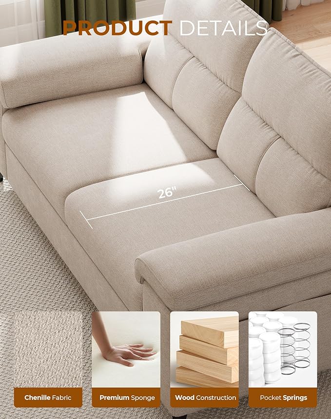 Upvilla 88.97" Modern Couches for Living Room, Deep Seat Sofa with 8” Cushion, Comfy 2-Seater Chenille Loveseat Sofa with Convertible Armrest, Removable Sofa Cover, High Leg (Beige)