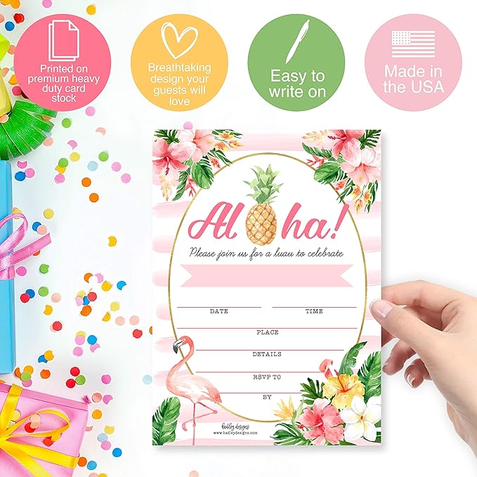 Hadley Designs 25 Pool Party Invitations for Girls, Tropical Hawaiian-Themed Birthday Invitations for Kids & Adults, Perfect for Birthday, Beach, and Summer Parties