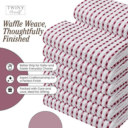 TWINY threads Waffle Weave Dish Towels Set of 4, Premium Cotton 16x26 Kitchen Hand Towel, Super Absorbent, Durable & Reusable Tea Towels for Home, Restaurants & Cafes, Burgundy Wine, White