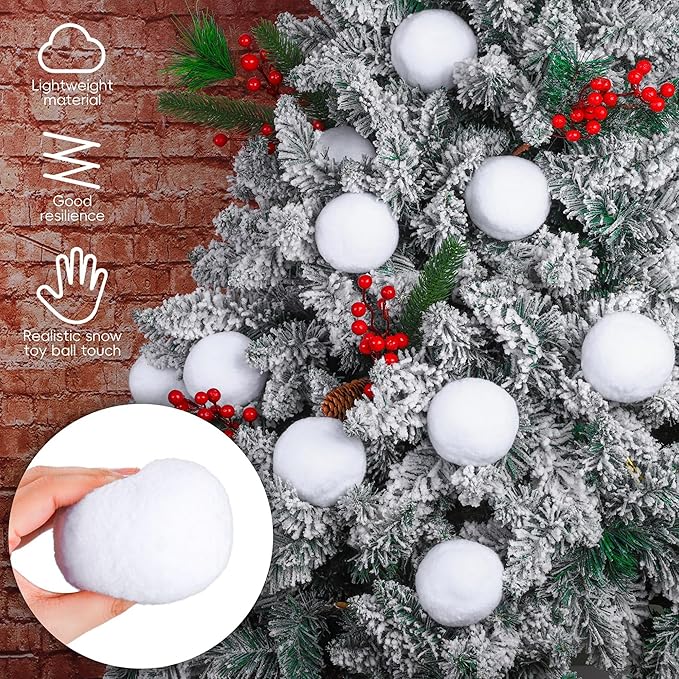 Elcoho 50 Pieces 2 Inch Artificial Snow Toy Ball Set with Bucket for Storage Kids Snow Fight Ball Realistic Snow White Plush Toss Ball for Kids Toss Game Winter Snow Fight Indoor Outdoor Xmas Decor