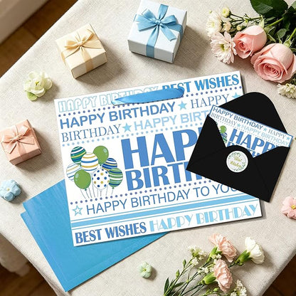 Happy Birthday Gift Bag, White Blue Birthday Bag with Tissue Paper and Greeting Card & Envelope & Sticker, Bithday Wrapping Paper for Men Women, 12.6" Medium Gift Bags Birthday Gifts for Boys Girls (StyleB)