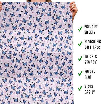 Central 23-6 Wrapping Paper Sheets - Purple Butterflies - GiftWrap for Girls Women - Birthday Gift Wrap - Recyclable - Made in the UK