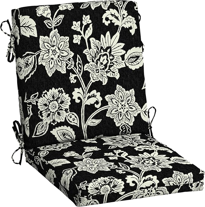 Arden Outdoor Midback Chair Cushion, 18 x 16.5, Rain-Proof, Fade Resistant Ashland Black Jacobean
