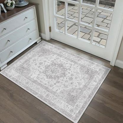 Grey Gray Area Rug 2x3 Washable Vintage Small Carpet for Entryway Kitchen Soft Retro Low Pile Thin Door Mat Non Slip Oriental Medallion Throw Rug for Bathroom Office Bedroom Dining Room
