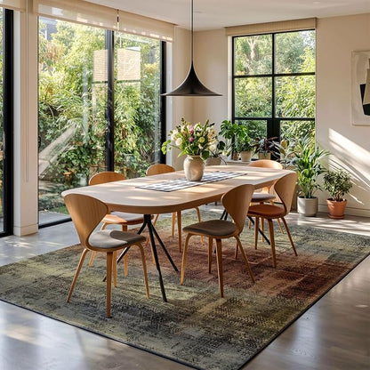 Kokia Abstract Area Rugs 9x12 Bedroom Washable Decor Low Pile Non-Slip Non-Shedding Indoor Carpet Foldable Stain Resistant Floor Mat Living Room Dining Room, Warm Brown and Dark Sage Green