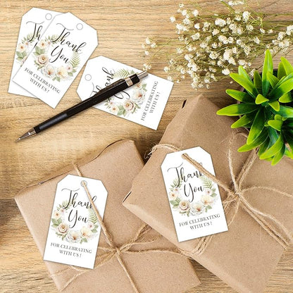 Floral Paper Gift Tags with String, 50Pcs Thank You for Celebrating with Us Tag, Gift Labels for Birthday Party Baby Bridal Shower Wedding Favor, Botanical Leaves Print-A18