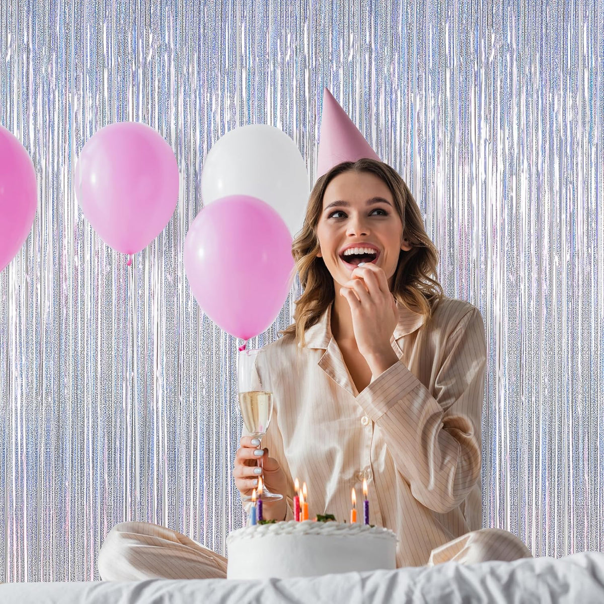 12 Pack Fringe Backdrop, 3.28 FT x 7.08 FT Glitter Silver Tinsel Curtain, Metallic Foil Curtains Party Streamer Disco Backdrop, Silver Party Decorations for Bachelorette Birthday Holiday