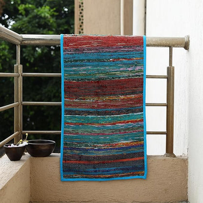 Trade Star Reversible Bedside Runner Designed Table Mat Handloomed Rug Runner Perfectly Highly Durable Decorative Upcycled Fabric Table Placemat (Turquoise)