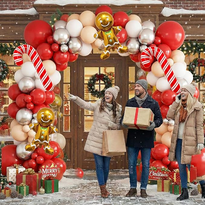 140PCS Christmas Balloon Arch Garland Kit with Red Nude White Silver Cane Gingerbread Man Balloons for Xmas Party Backdrop, Holiday Birthday Decorations, Winter or Snow Theme Baby Shower