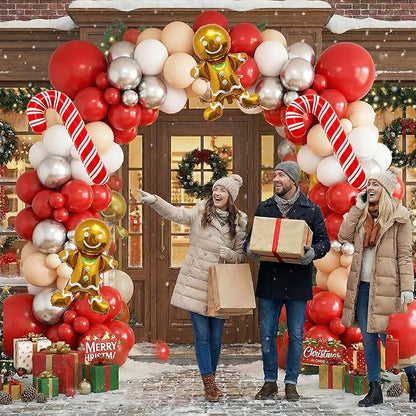 140PCS Christmas Balloon Arch Garland Kit with Red Nude White Silver Cane Gingerbread Man Balloons for Xmas Party Backdrop, Holiday Birthday Decorations, Winter or Snow Theme Baby Shower